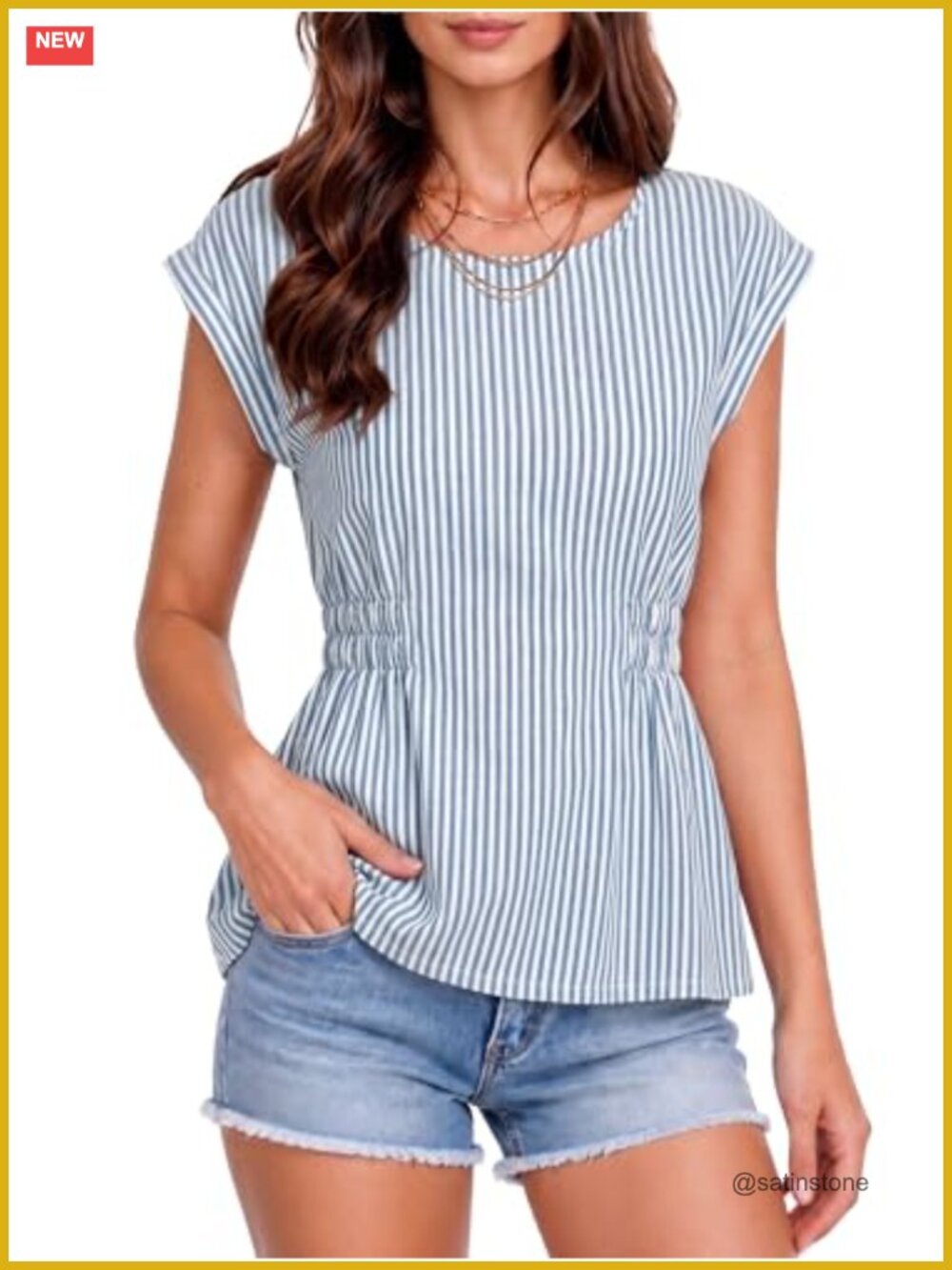 Women's Striped Babydoll Blouse Tunic Cap Sleeve Smocked Waist Flowing Hem